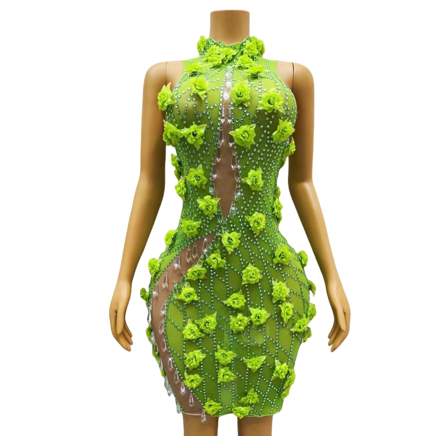 Sparkly Rhinestone Club Party Dress - Minivestido ajustado verde con cristales brillantes